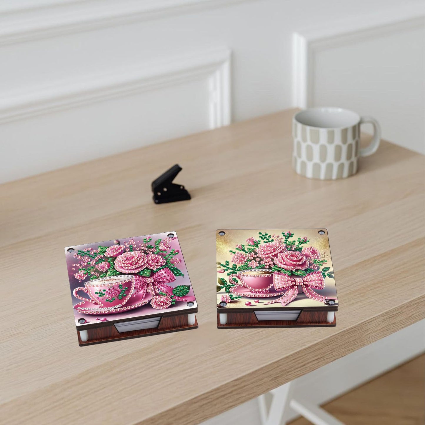 JISHSHAY 2 PCS Diamond Art Note Box Flower Diamond Painting Note Pad Holder Tea Cup Gem Painting Gem Art Memo Boxes Mosaic Kits for Adults Embroidery Kit Memo Pad Holder, Contains 120 Sheets of Paper