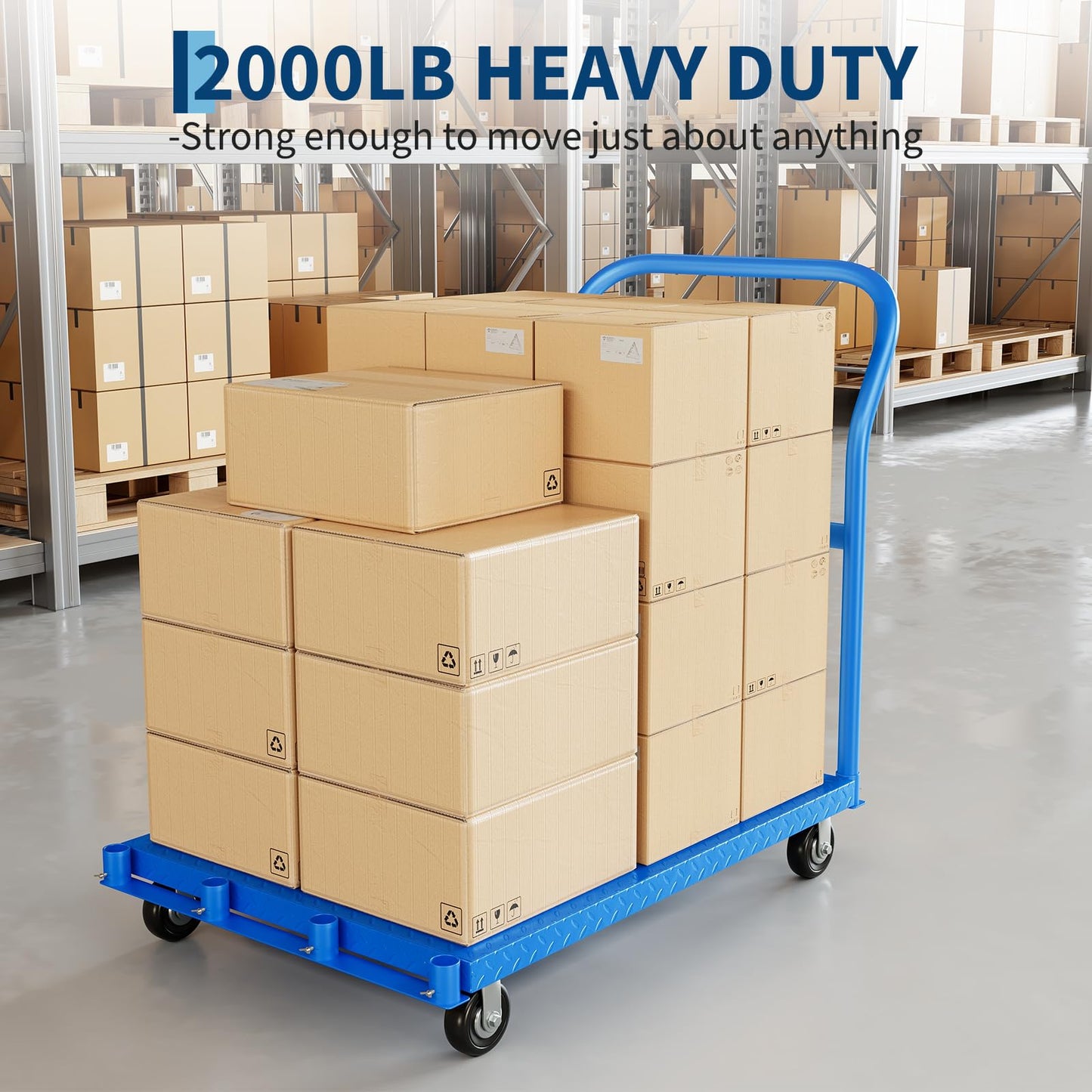2000LBS Heavy Duty Folding Platform Truck - Q235 Steel Flatbed Hand Truck - 4 Swivel Wheels (2 Brakes) - Collapsible Push Cart Dolly for Warehouse, Workshop, Industrial Moving