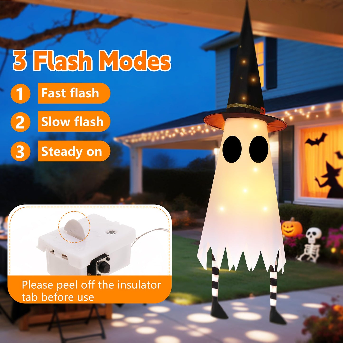 FENELY 3 Packs 38" Halloween Hanging Lighted Glowing Ghosts with Witch Hat and Foot, Outdoor Indoor Decorations for Home Party Yard Patio Garden Tree