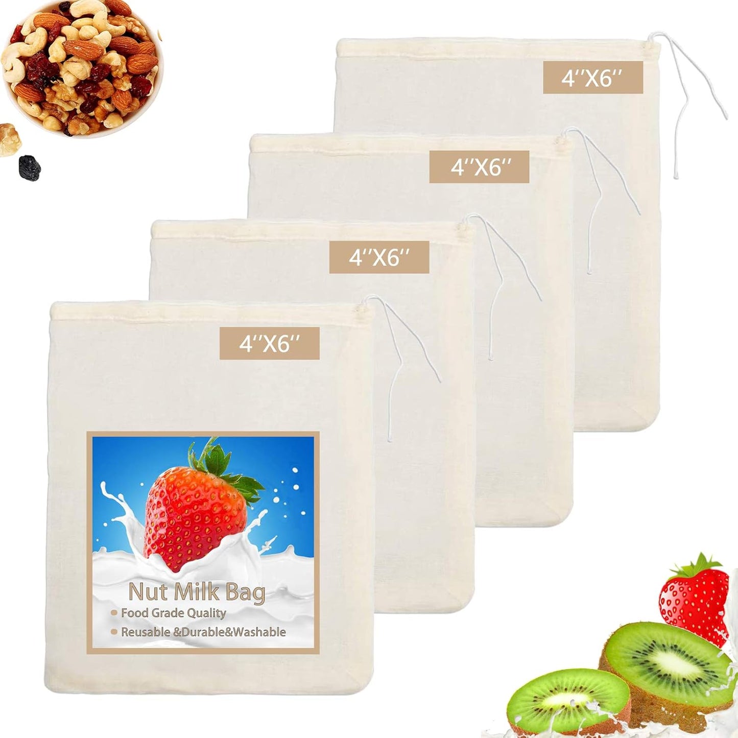 4 Pack (4INX6IN) Nut Milk Bag - Reusable Cheese Cloths for Straining, Cold Brew Coffee & Bone Broth Bags
