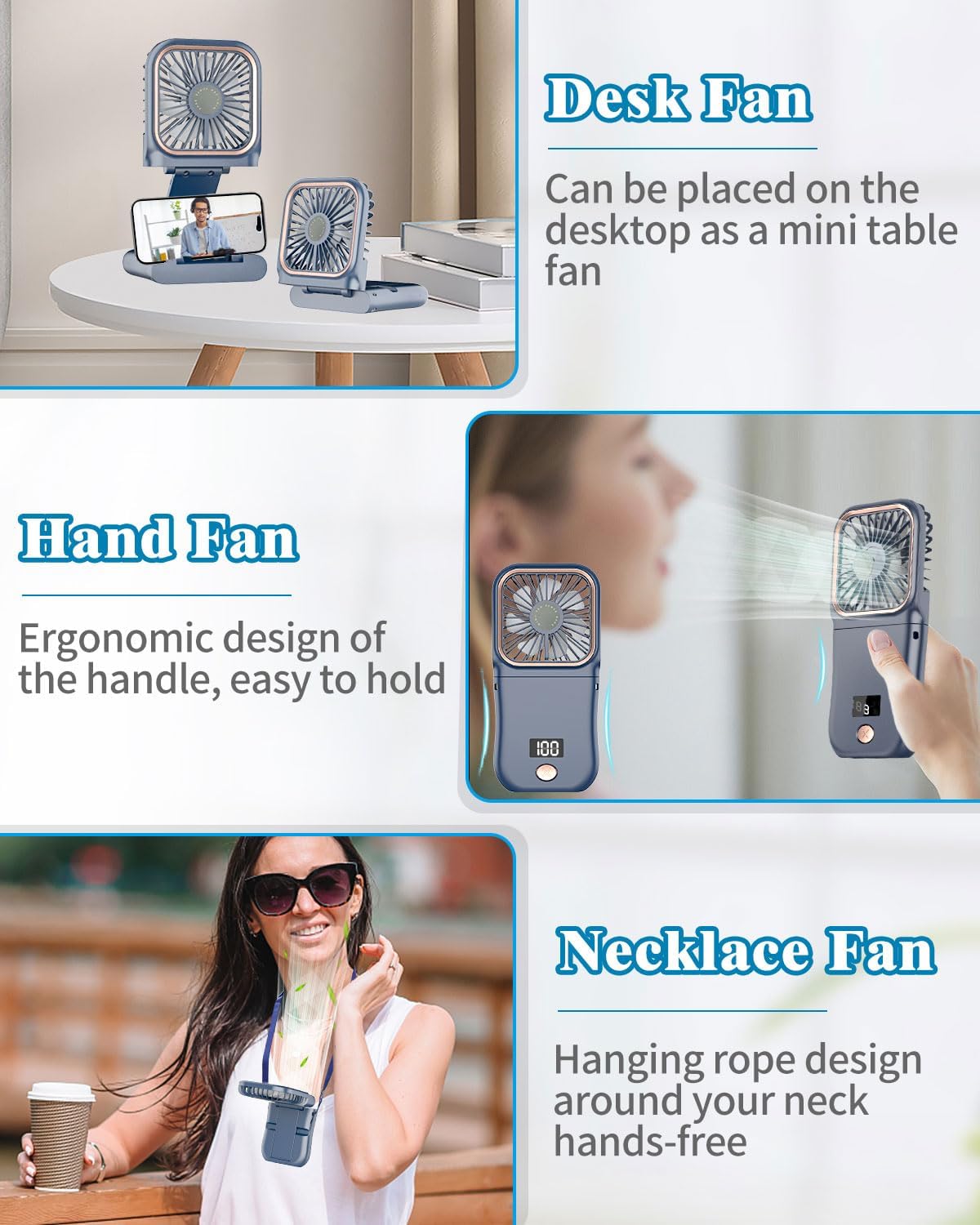 Portable Fan Rechargeable, Handheld 4000mAh Battery Operated Fan with Digital Display, Mini Pocket Fan for
