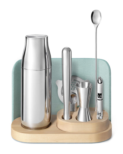 Caraway 9-Piece Complete Bar Set - Cocktail Shaker, Jigger, Muddler, Wine Key, Strainer, Bar Spoon, Storage Organizer, Magnetic Backer - Bartender Accessories - Tools for Home Bartending - Mist