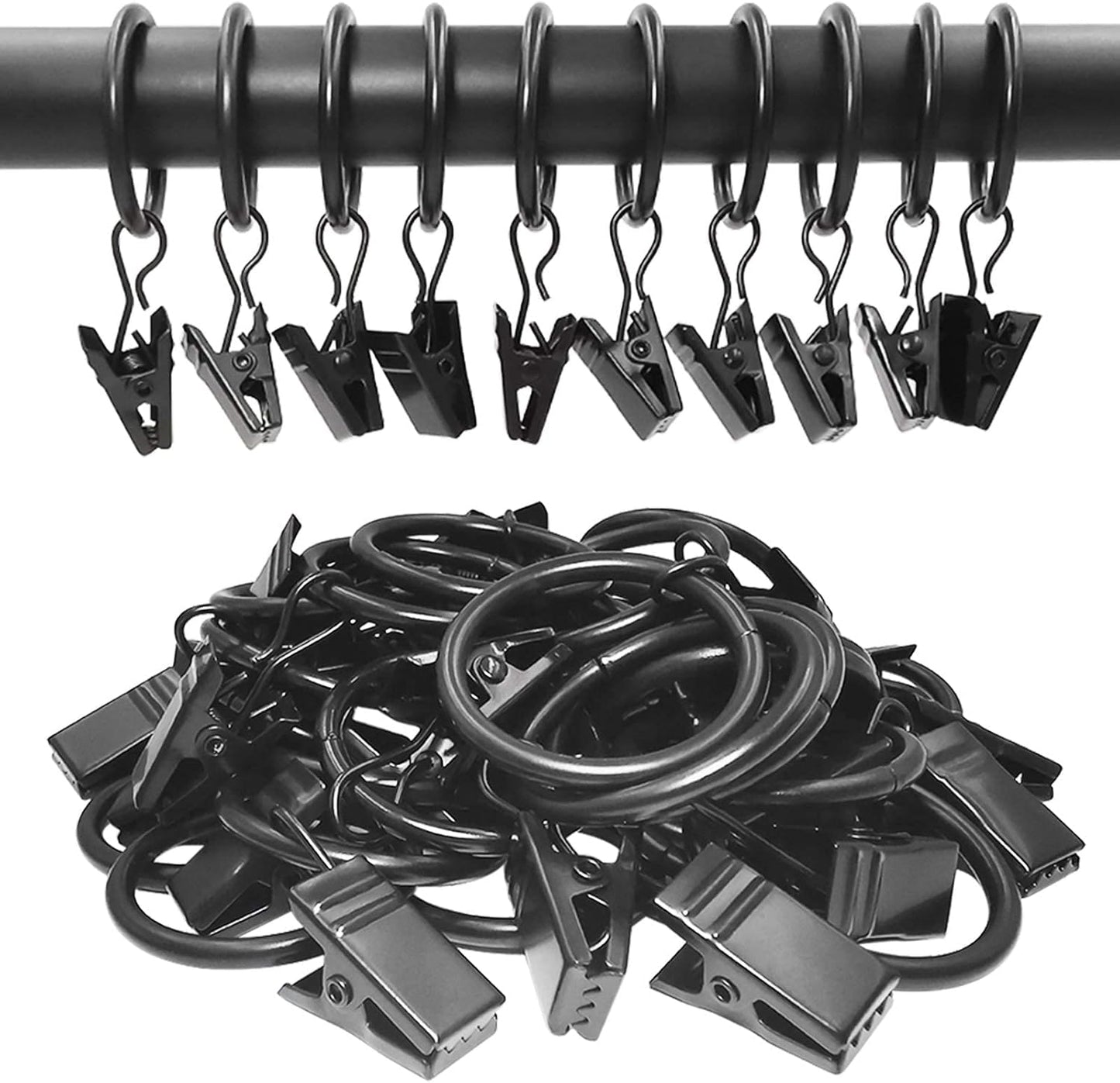 44 Pack Metal Curtain Rings with Clips | Drapery Clips with Rings | Fits Diameter 6/8 in Curtain Rod, Black