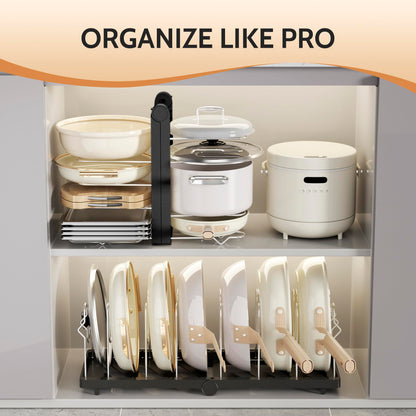 CEHNCEH Foldable Pots and Pans Organizer Under Cabinet 28.5" L x 9.1" W x 9.9" H Expanded, Folds Flat Adjustable 8-Tier Stainless Steel Dividers Kitchen Cabinet Cookware Baking Frying Rack (Black)