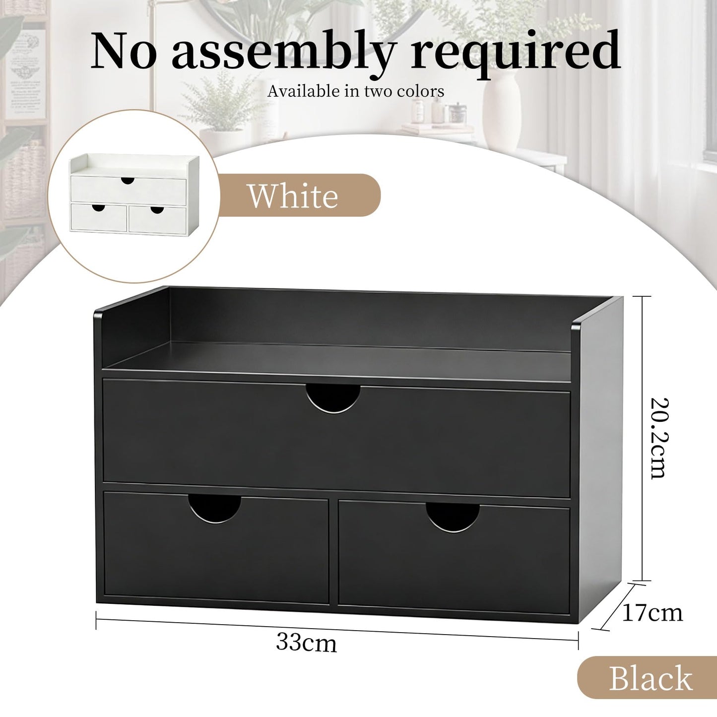 Bamboo Desk Organizer with Drawers, Tabletop Cosmetic Makeup Storage Box, No Assembly Desktop Countertop Storage Holder for Skincare Toiletries, Home Office Bathroom Vanity Organization(black)