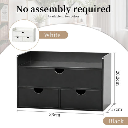 Bamboo Desk Organizer with Drawers, Tabletop Cosmetic Makeup Storage Box, No Assembly Desktop Countertop Storage Holder for Skincare Toiletries, Home Office Bathroom Vanity Organization(black)