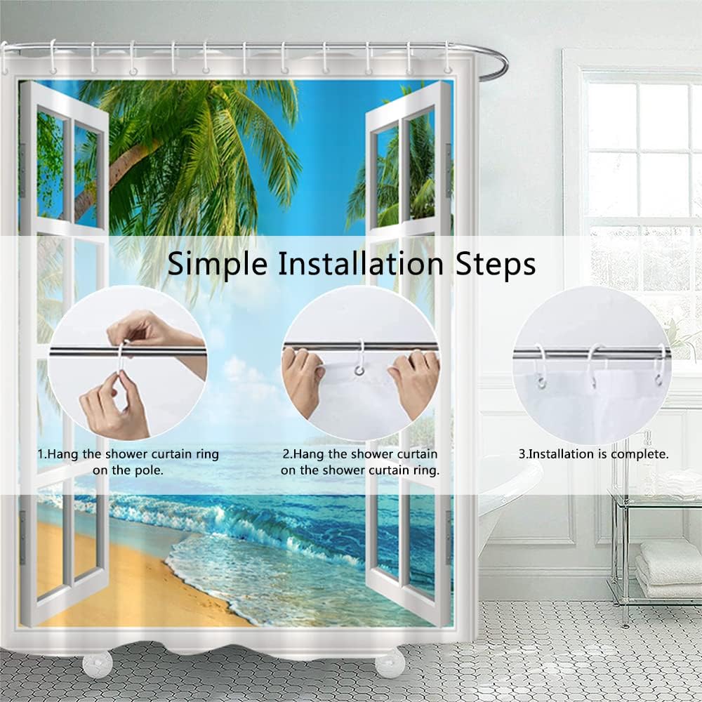 Summer Shower Curtain Set for Bathroom, White Window Blue Sky Sea Water with Green Palm Trees, 72x72 inches