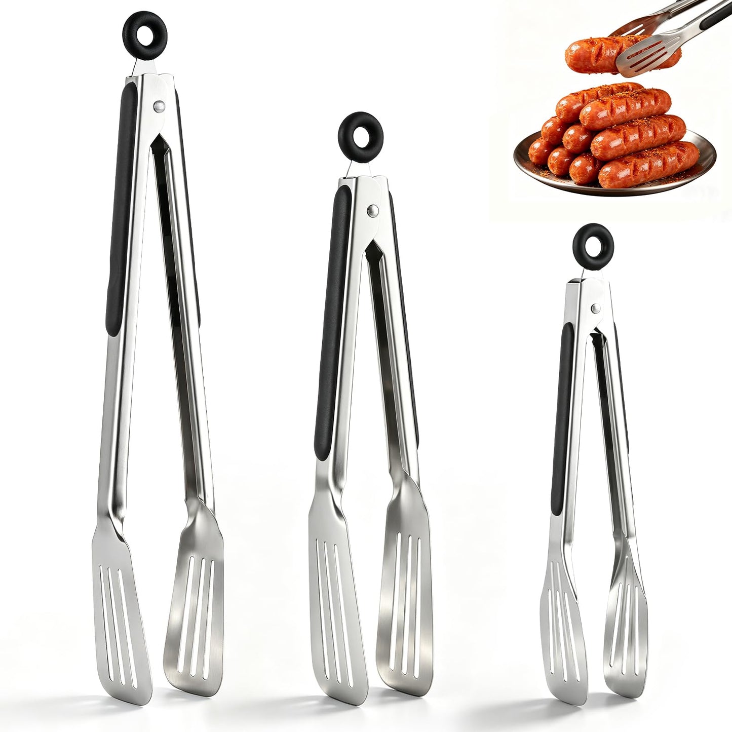 Metal Tongs for Cooking, Set of 3 Stainless Steel Spatula Tongs – 7, 9 & 12 Inch Heavy Duty Kitchen Tongs with Strong Grip, Pull Lock for Grilling, Flipping Steak, Fish & Ribs