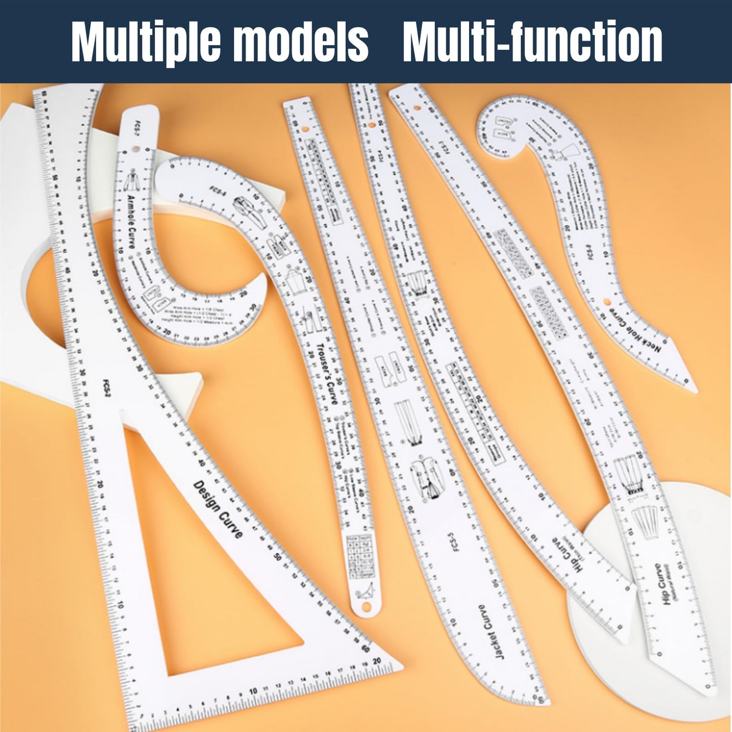 Professional Sewing Ruler Set, 7-Piece French Curve Pattern Making Rulers for Tailors, Designers, Beginners