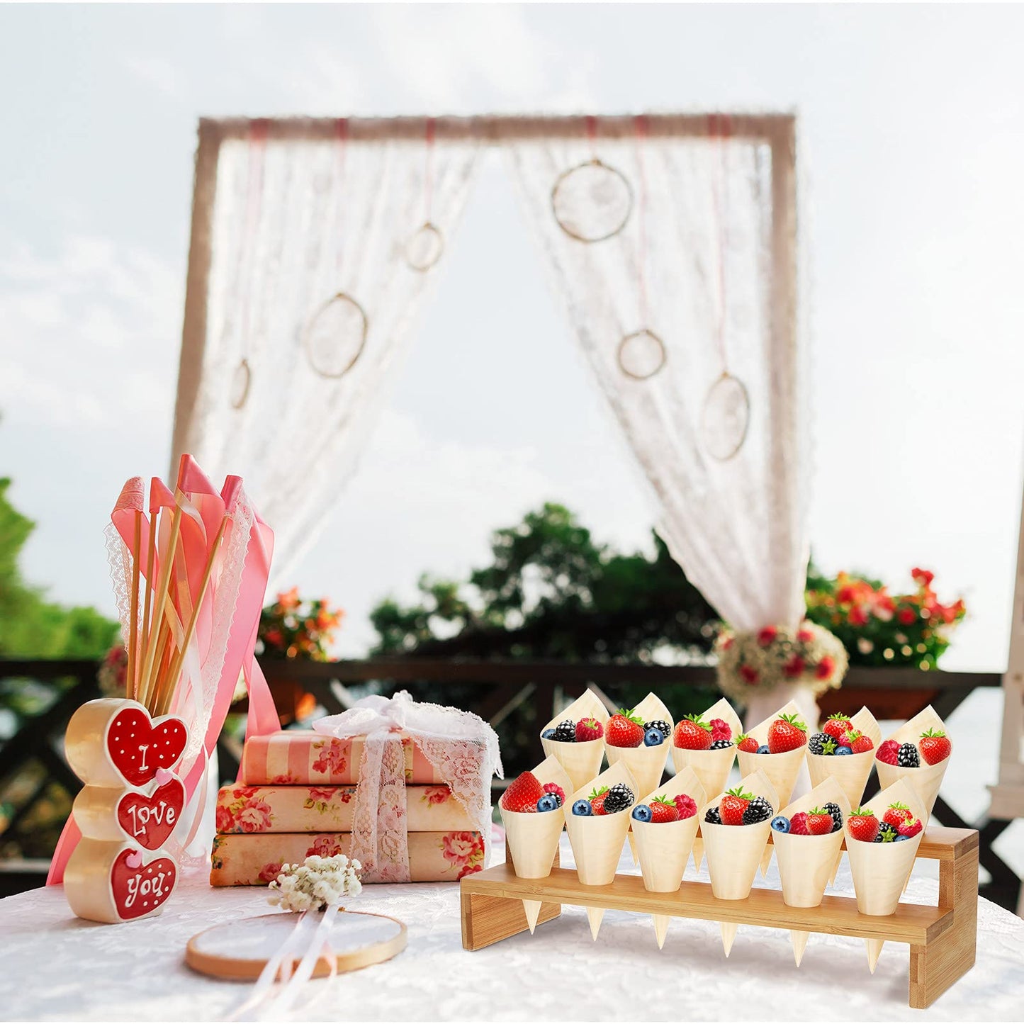 Queekay 100 Pcs Disposable Wooden Food Cones with 12 Holes Food Cone Display Stand Cone Holder for Charcuterie, Ice Cream, Catered Events, Party or Buffets(Straight,Bamboo)