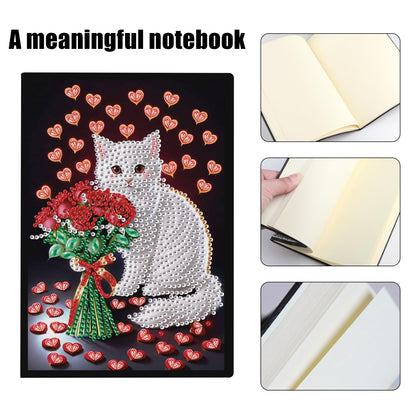 SHEGZHUC Diamond Painting Notebook Journal A5 Blank 14.5x21cm/5.7×8.26in Diamond Painting Composition Journaling Notebooks Notepad Sketchbook Diary Special Drills Girls Gifts || Cat Rose Heart Flowers