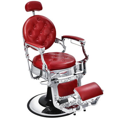 GLOBALWAY Vintage Barber Chair, Salon Chair, Hydraulic Recline Beauty Spa Styling Equipment W/Adjustable Height & Headrest, Rotated Foot Pedal, Hairdressing Tattoo Beauty Spa Equipment (Red)