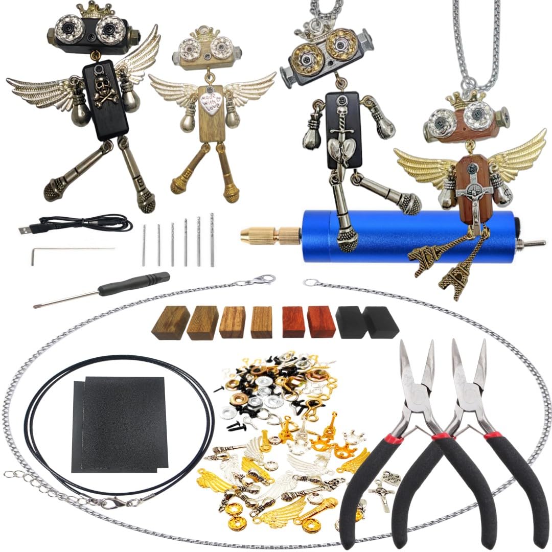 DEUXPER Unique Cross Necklace DIY Set - Wooden Steampunk Robot Charms Pendants, Keychain Decor, Cute Bag Chain, Gold Silver Jewelry Gifts Craft Project for Women Men