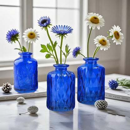 ELEGANTTIME Cobalt Blue Glass Bud Vase Small Flower Vase Mini Bottle with Cork Wire Handle Design for Deco Cafes, Office Table, Home and Garden(Set 5)