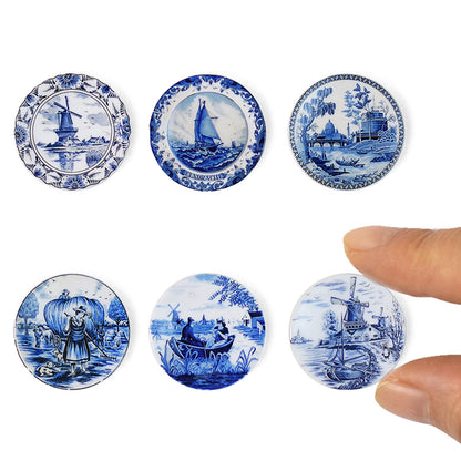 6PCS Handcrafted Miniature Ceramic Plates in 1:12 or 1:6 Scale, Vintage Porcelain Playhouse Dishes (Blue-White B, 2.3CM)