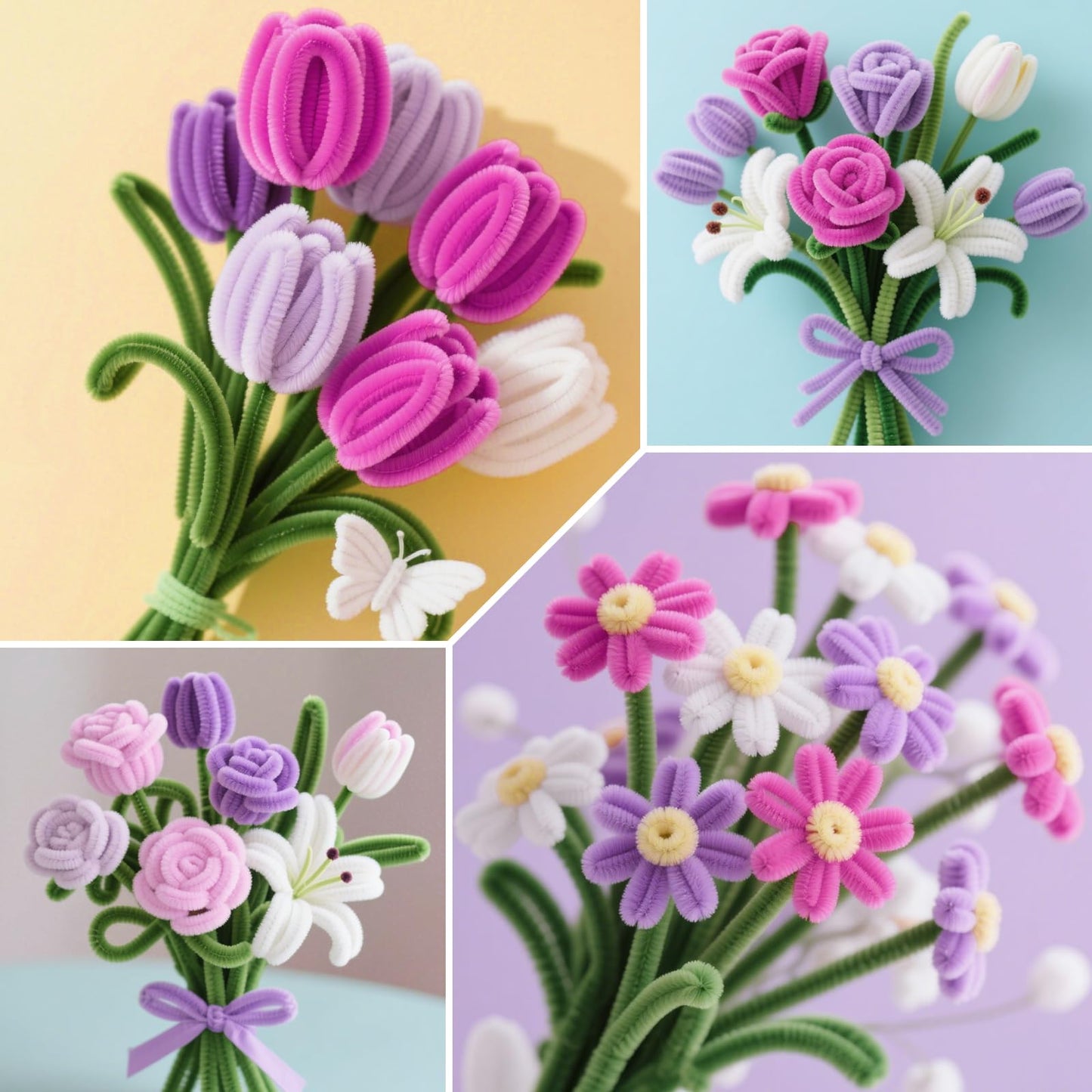 ASTARON 521 Pcs Pipe Cleaners Craft Set, 5 Colors Pipe Cleaners Bulk Pastel Chenille Stems for Craft Pipe Cleaner Flowers Making Kit with Floral Wires, Gardening Tape (Purple Series)