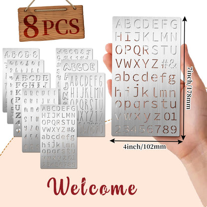 Eageus 8 Pcs Metal Letter Stencils Wood Burning Stencil Lettering Stencils, Small Reusable Alphabet Painting Template for Carving Drawing Engraving Journal Pyrography Craft(Letter Style)
