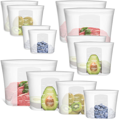 Reusable Food Bags, 12 Pack 100% Silicone Food Storage Bags Stand Up Zip Lock Container, Freezer Microwave Oven Dishwasher Safe, 4 Medium 4 Small 4 Extra Small, Aqua