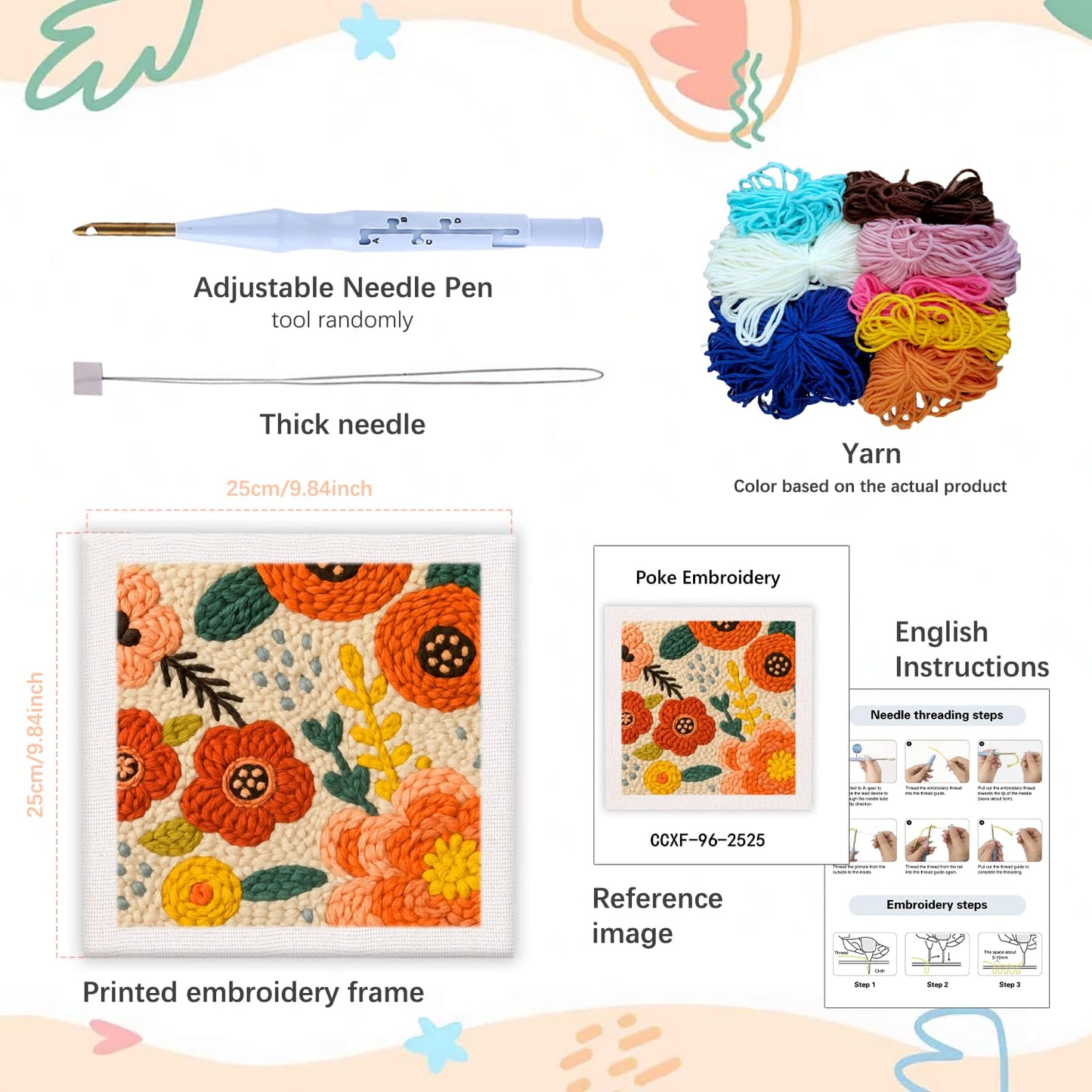SDOYUNO Punch Needle Kit with Frame for Adults Beginners Kits 9.84 x 9.84 Inch Embroidery Starter Kits Punch Needle Kit with Flowers Pattern, Threader, Yarns, Rug Punch, DIY Craft Kits (Orange)