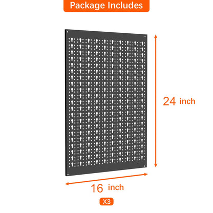 TORACK 3 PCS Metal Pegboard Panels for Garage Wall Utility Tools Storage Pegboard for Workbench, Modular Peg Board Tool Organizer Board Kit(Pack of 3, Black)
