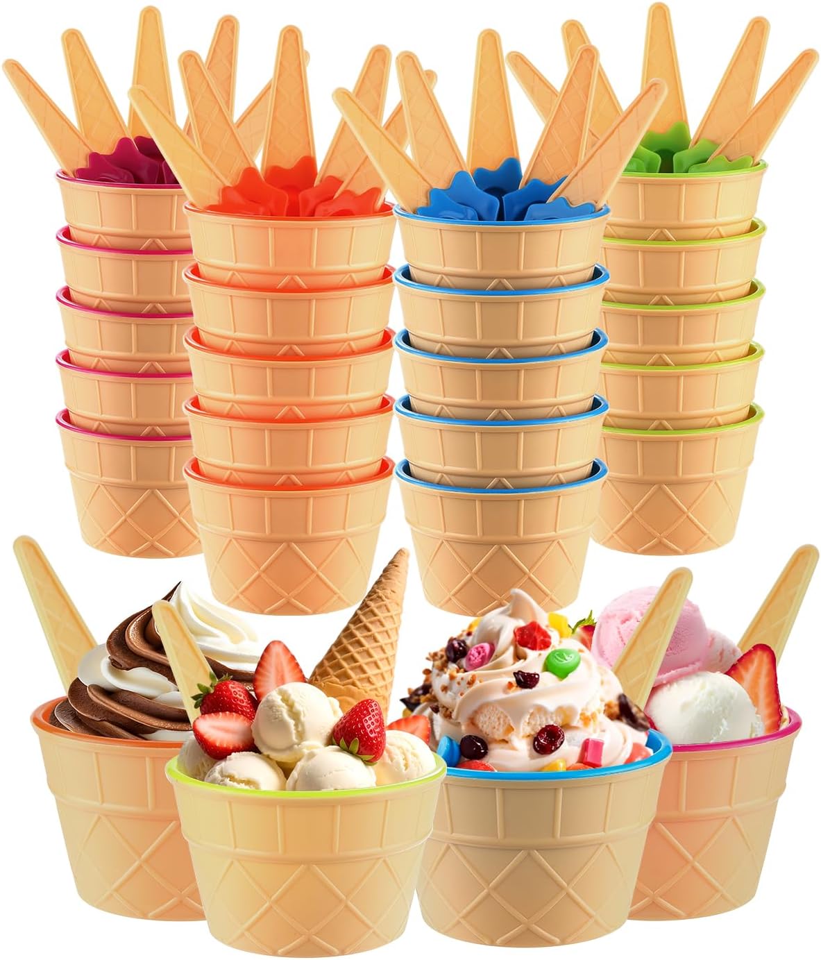 24 Pack Set, Frozen (24) Tellshun Ice Cream Bowls and Spoons Yogurt Cups with Spoons Durable Plastic Candy Color Cute