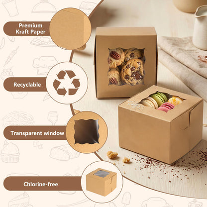 TAOUNOA 80 Pack 4x4x2.5 Inch Cookie Boxes with Window, Kraft Bakery Boxes for Cupcakes, Desserts Treats, Clear View Eco-Friendly Gift Packaging for Baked Goods Party (Brown, 20 pcs Easy to Secure)