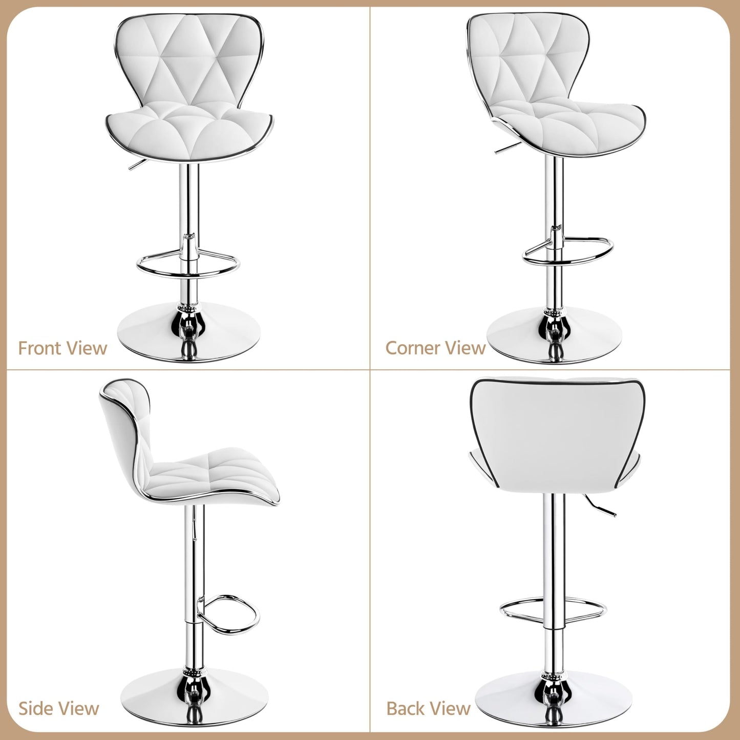 Yaheetech Bar Stools Leather Set of 4, Adjustable Shell Back Barstools with Footrest, Counter Height Bar Chairs with Back for Kitchen Island, White