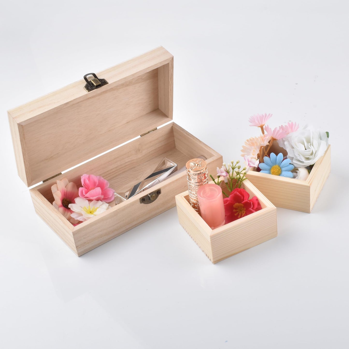 HONSHEN Wooden Storage Box Set, 8 Inch Rectangle Box with 2 Pcs 3 Inch Square Boxes, Decorative Wood Organizer for Jewelry, Trinkets, Office & Home