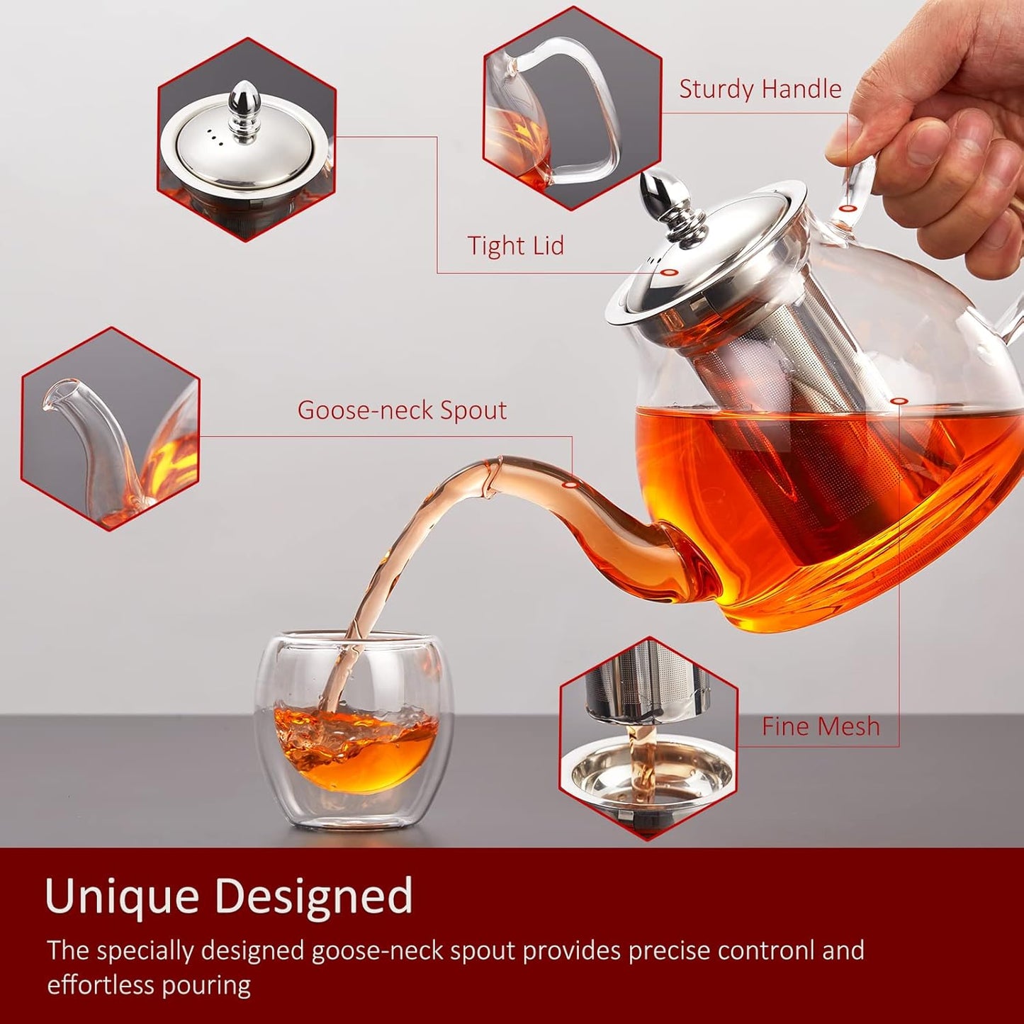 40oz Glass Teapot with Removable Stainless Steel Infuser for Blooming Tea & Loose Leaf Tea, Gift Box