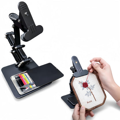 OWFCCLA Embroidery Hoop Holder Stand for Cross Stitch - Adjustable Lap & Table Stand with Weighted Metal Base & Storage Organizer - Hands Free Foldable Embroidery Stand for Floor, Sitting & Tabletop.