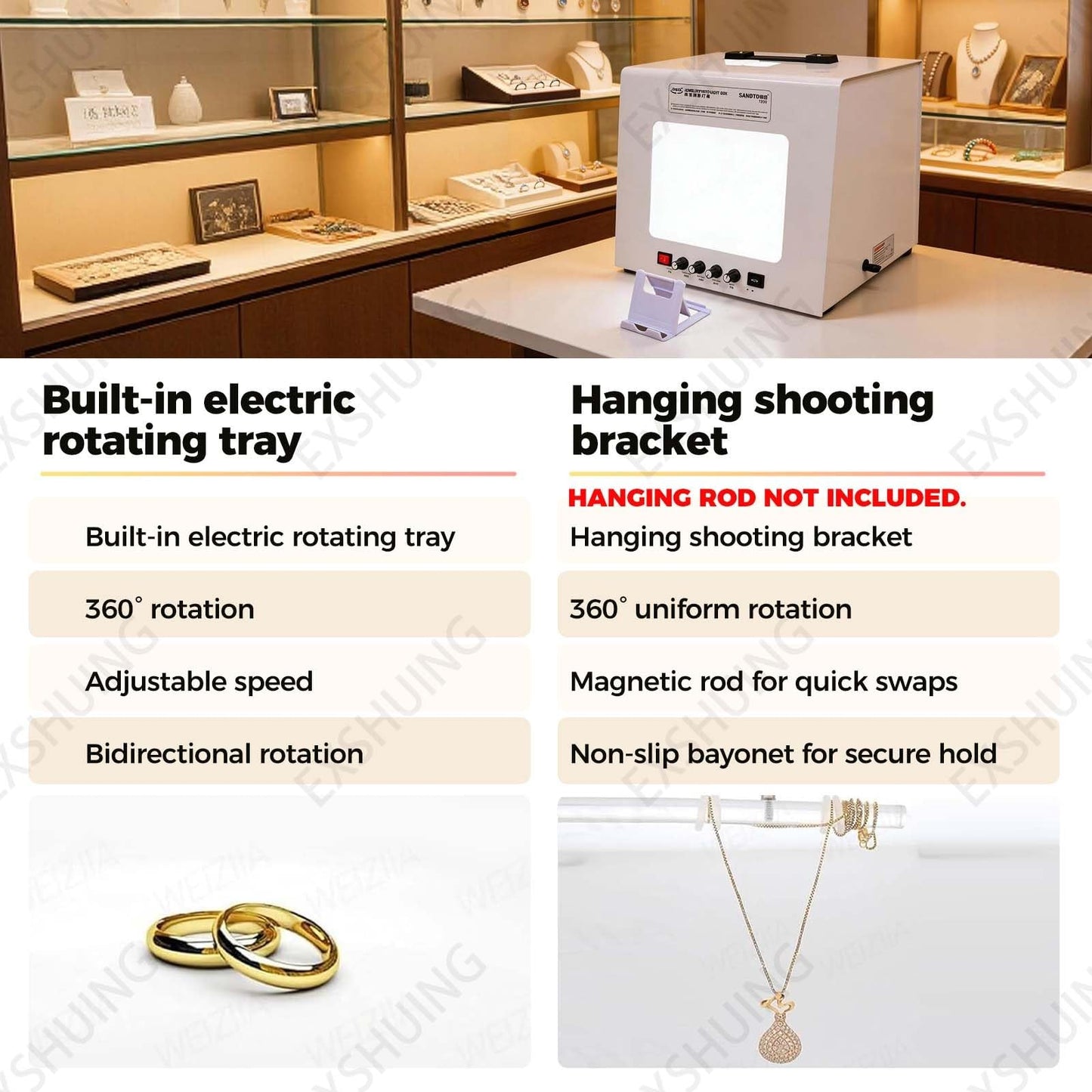 EXSHUING Jewelry Hanging Photography Kit, Product Photography Box – 360° Rotating & Hanging Support, 4 Led Fill Lights, Dimmable Brightness, 3000-5500k, 1kg/2.2lbs Turntable, Rings, Necklaces(TB30)