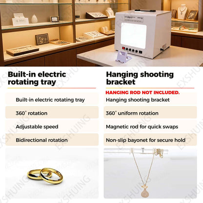 EXSHUING Jewelry Photography Light Box with Turntable, Dimmable Led Photo Tent – 360° Auto-Rotation, 1kg/2.2lbs Load, Hanging Bracket Included, 3000-5500k, CRI>92%, for Stunning Gemstone & Gold(TB30)