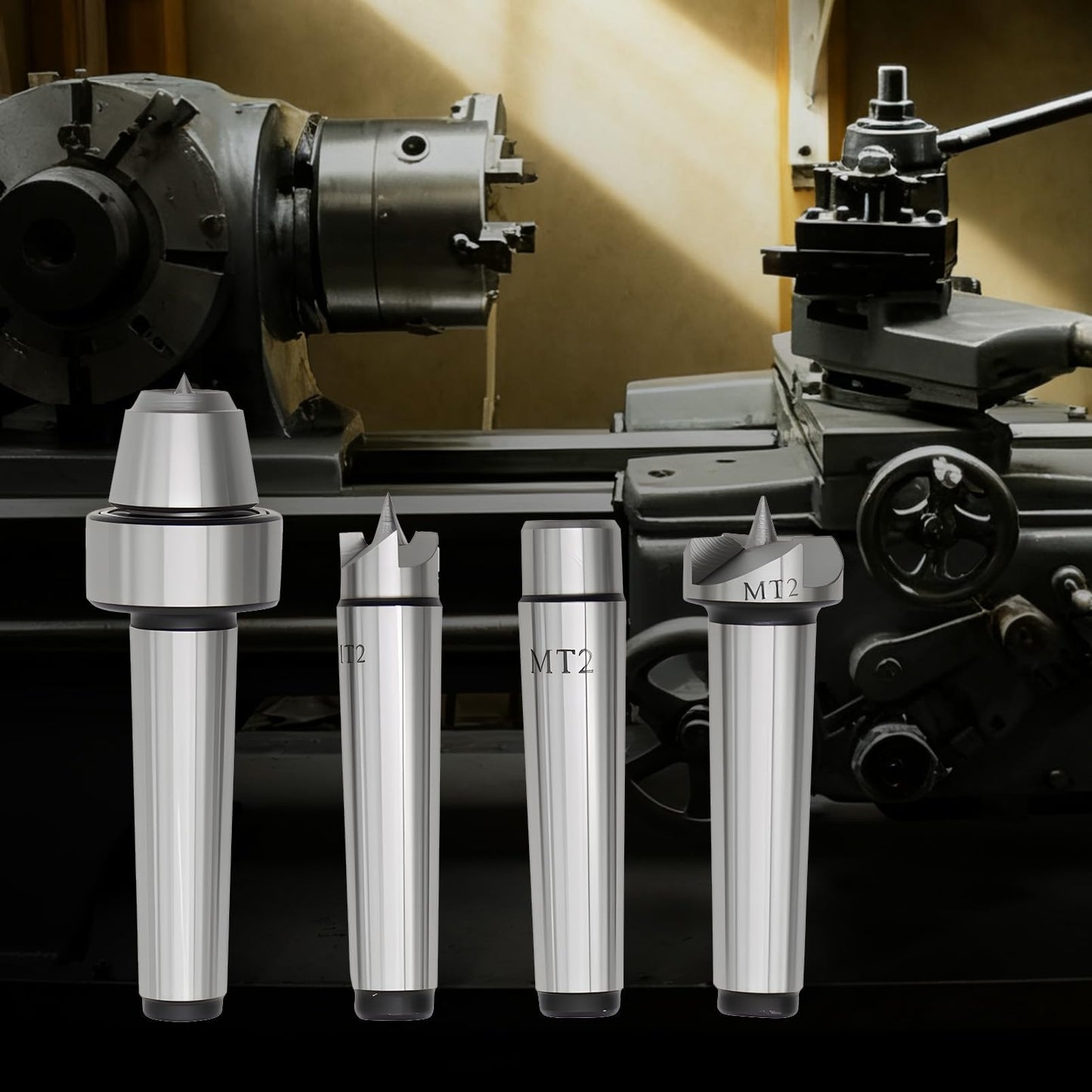 Yunnergo 4Pcs MT2 Wood Lathe Live Center Drive Spur Cup Set with Wooden Box for Wood and Metalworking Lathe