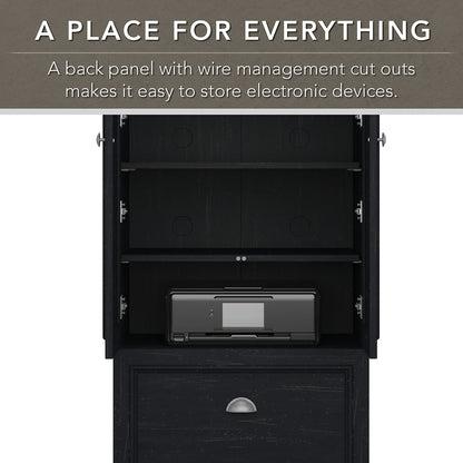 Bush Home Fairview 2 Door Storage Cabinet with File Drawer in Antique Black and Hansen Cherry
