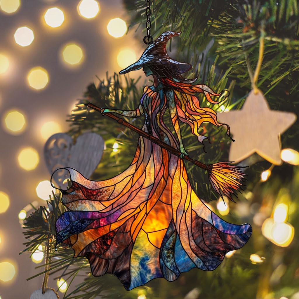 Scary Witch Acrylic Suncatcher Stained Glass Effect Window Car Hanging Christmas Ornament Indoor Outdoor Decor Garden Sun Catcher Panel for Halloween Lover for Women Mom Grandma