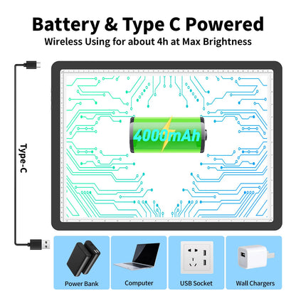 TOHETO Rechargeable A3 Light Pad for Diamond Painting, Ultra Bright Tracing Light Box for Drawing, Wireless Lightbox for Tracing and Drawing, Cordless Diamond Art Light Board for Sketching (Black)