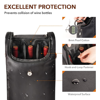 Philiva 3 Bottle Wine Tote Bag with Tumblers and Opener, Portable Wine Carrier Purse for Travel/Picnic/Beach/Pool/Events/Hiking, Gift for Women Men, Black