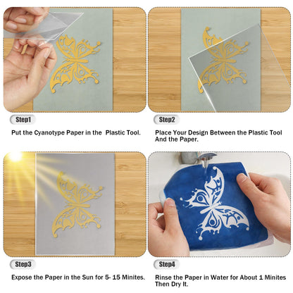 60 Sheets Sun Print Paper Cyanotype Paper Kit, A6 Sun Art Paper With 1 Acrylic Board for Sun Printing, Light Sensitive Solar Photography Paper for Kids DIY Crafts (4.1 x 5.8 inch)