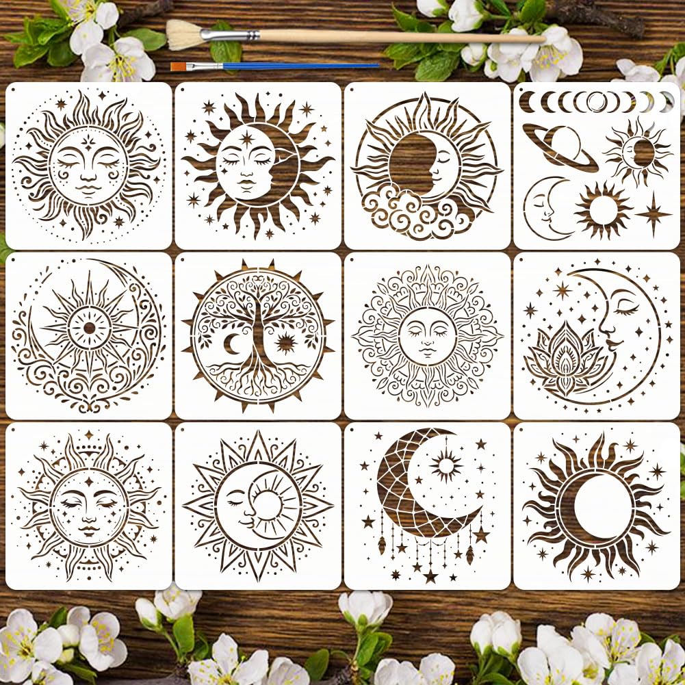 EVERJOYCRAFT 12pcs Mandala Sun and Moon Stencils for Painting 11.8"x11.8" Plastic Drawing Stencils for Crafts Reusable Star Tree Templates with Brushes Painting on Wood Wall Furniture Canvas Scrapbook