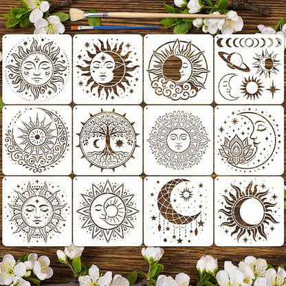 EVERJOYCRAFT 12pcs Mandala Sun and Moon Stencils for Painting 11.8"x11.8" Plastic Drawing Stencils for Crafts Reusable Star Tree Templates with Brushes Painting on Wood Wall Furniture Canvas Scrapbook