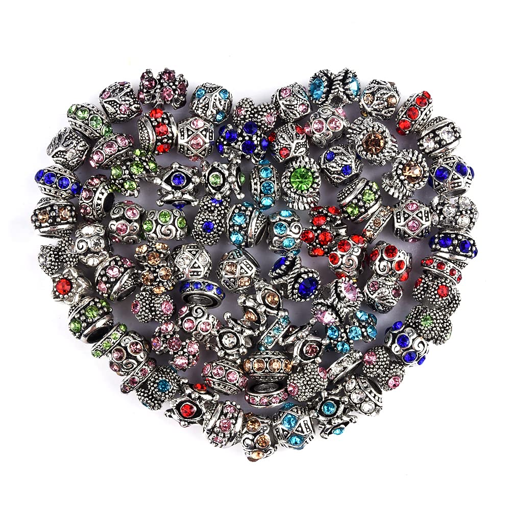 60 Pieces Assorted European Beads with Plating Silver Metal Alloy Rhinestone Large Hole Spacer Beads for DIY Charm Bracelet Jewelry Making (Inlaid Drill Alloy)