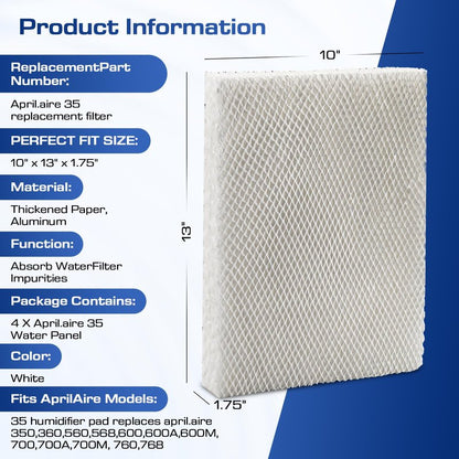4 Pack 35 Water Panel Humidifier Filter Replacement 10" x 13" - Compatible with April.aire Humidifier 300 350 360 560 560A 568 600 600A 700 700A 700M 760 760A 768 April.aire Whole House Humidifier