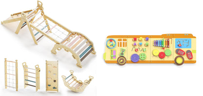 BlueWood 2024 8 in 1 Pikler Triangle Climbing Set, School Bus Wall Busy Board Panels