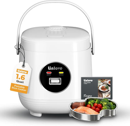 3 Uncooked,1.6 1-3 Rice Cooker Small cup Quart Non-stick Mini Rice Cooker,With Stainless Steel Steamer Tray,One-Switch