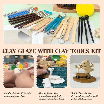 120ML Air Dry Clay Glaze with 29PCS Clay Tools Kit, Gloss Polymer Clay Kit and Clay Varnish, Pottery Tool Kit for Sculpting, Modeling, Shaping Crafts, High Gloss, Scratch Resistant