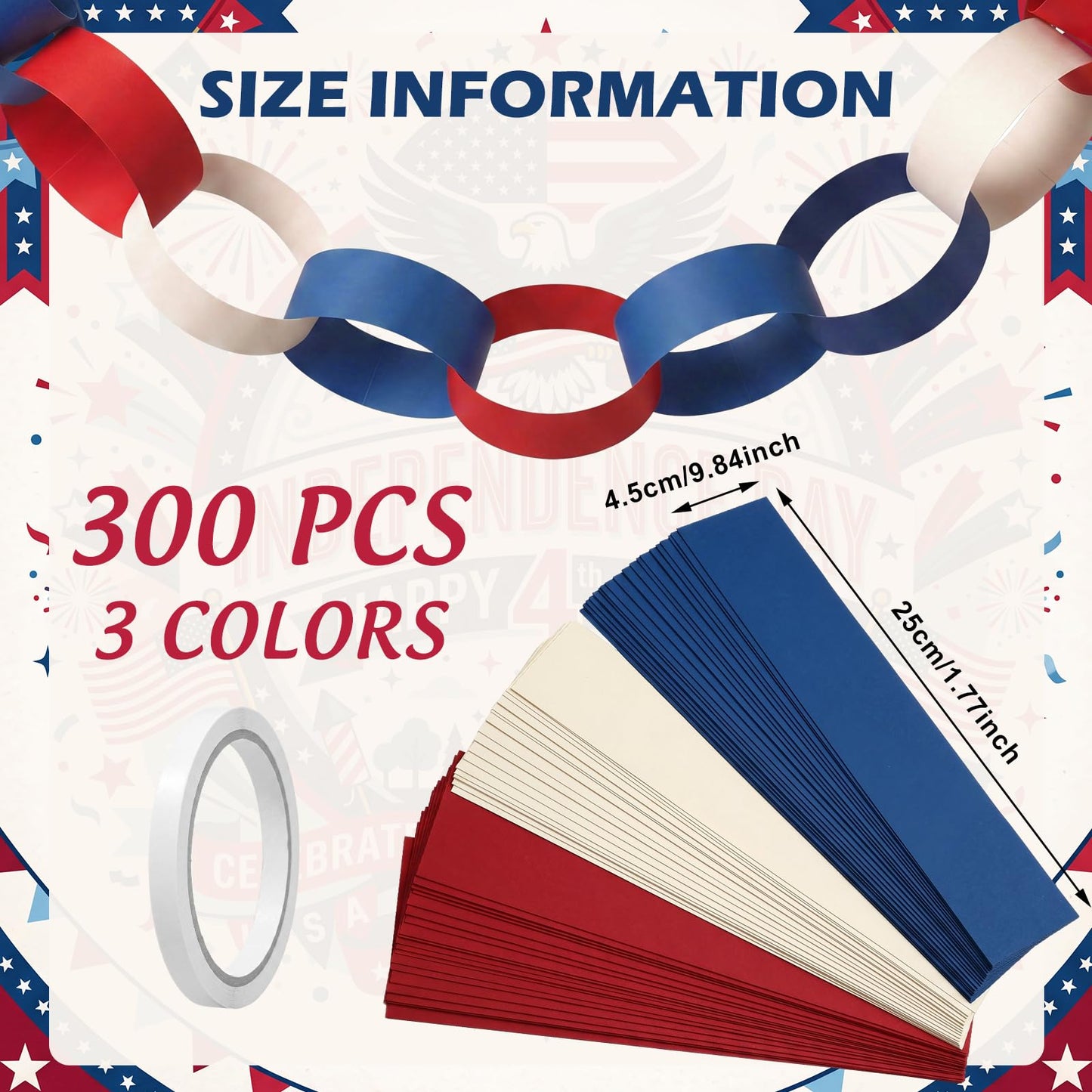 Eaasty 300 Sheets Red White Blue Paper Chain Strips, 4th of July Paper Chains Craft, 46 Feet Total Length Patriotic Garland for American Independence Day Party Decorations with 1 Double Sided Tape