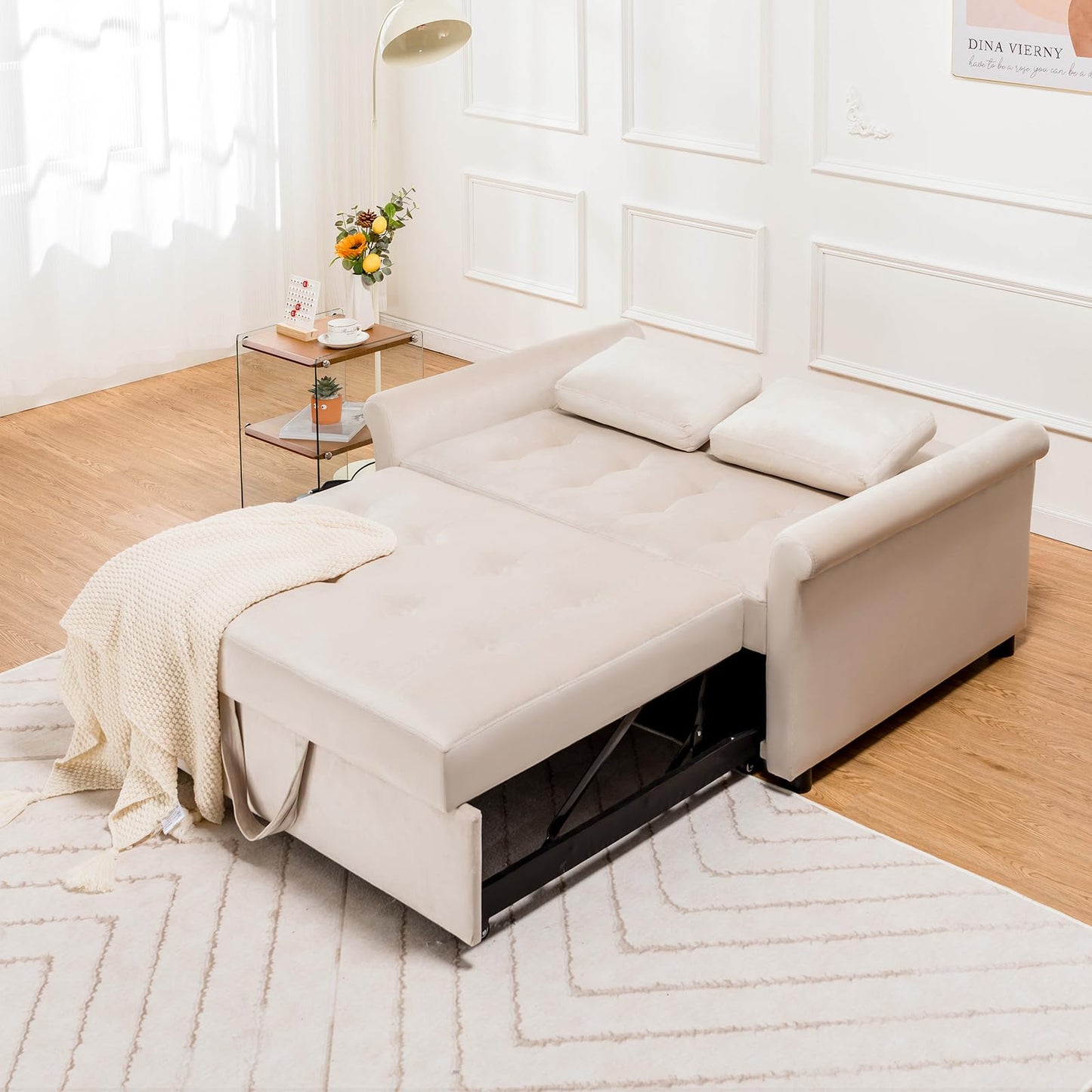 COMHOMA Convertible Sofa Bed,55" Sleeper Sofa Bed,3-in-1 Pull Out Couch Bed with Reclining Backrest and Pillows,Convertible Sleeper Loveseat for Living Room(White)