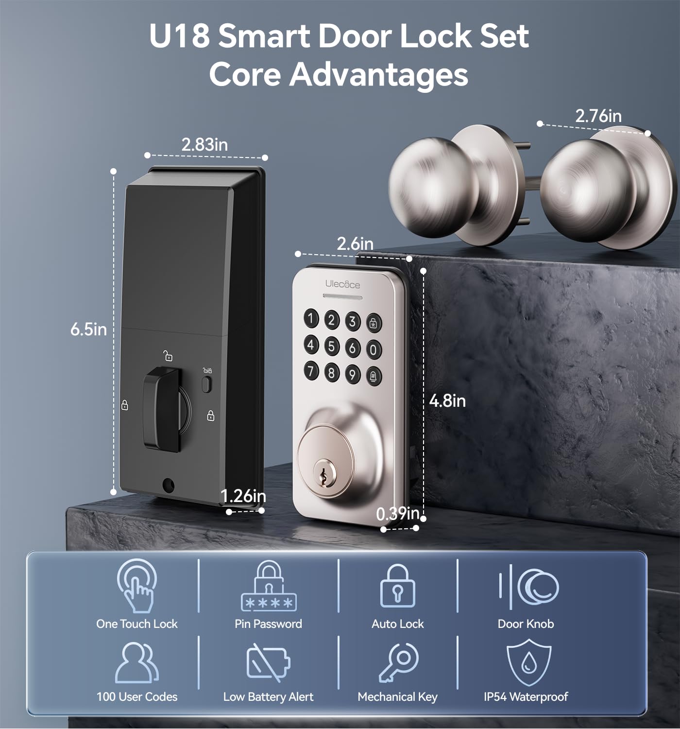 Keyless Entry Keypad Deadbolt with Handle Set, Smart Lock, Auto-Lock + One-Touch Lock, 100 Codes + 15-Min Easy Install, Ideal for Airbnb/Homes/Offices, Fits U.S. Standard Front Doors, Black