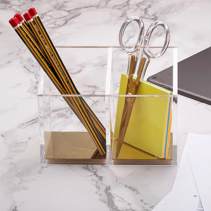 Mouchoi Modern Acrylic Pen Holder with 2 Compartments Gold Base, Multifunctional Pencil Holder for Desk Gold Mirror, Makeup Brush Holder, Marker Holder for Office, Classroom, Home