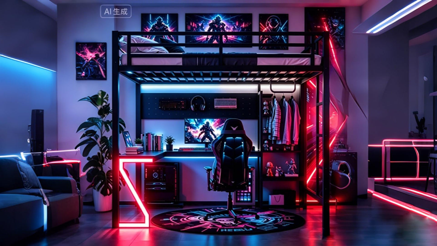 Bellemave Queen Size Gaming Loft Bed with L-Shaped Desk, Computer Tray, Peg Board & USB Ports, Metal Queen Loft Bed Frame with RGB Lights & Storage Shelves for Teens, Black